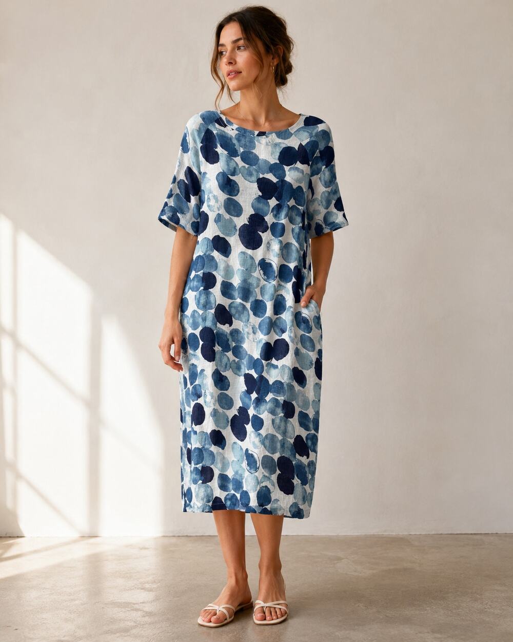 Yi Hang Abstract Polka Dot Shift Dress Linen Blend Blue White Midi Pocket Size 5